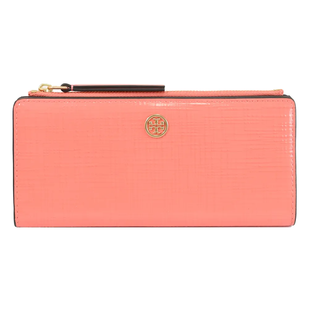 【TORY BURCH】金屬雙T LOGO十字紋漆皮對折扣式零錢長夾(粉橘)