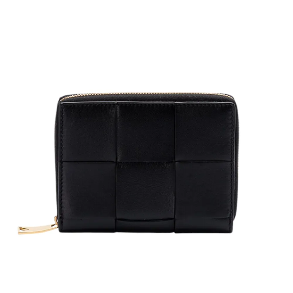 【BOTTEGA VENETA 寶緹嘉】Compact Cassette 大格編織 羊皮 拉鍊 卡夾 皮夾 短夾 黑色 681191