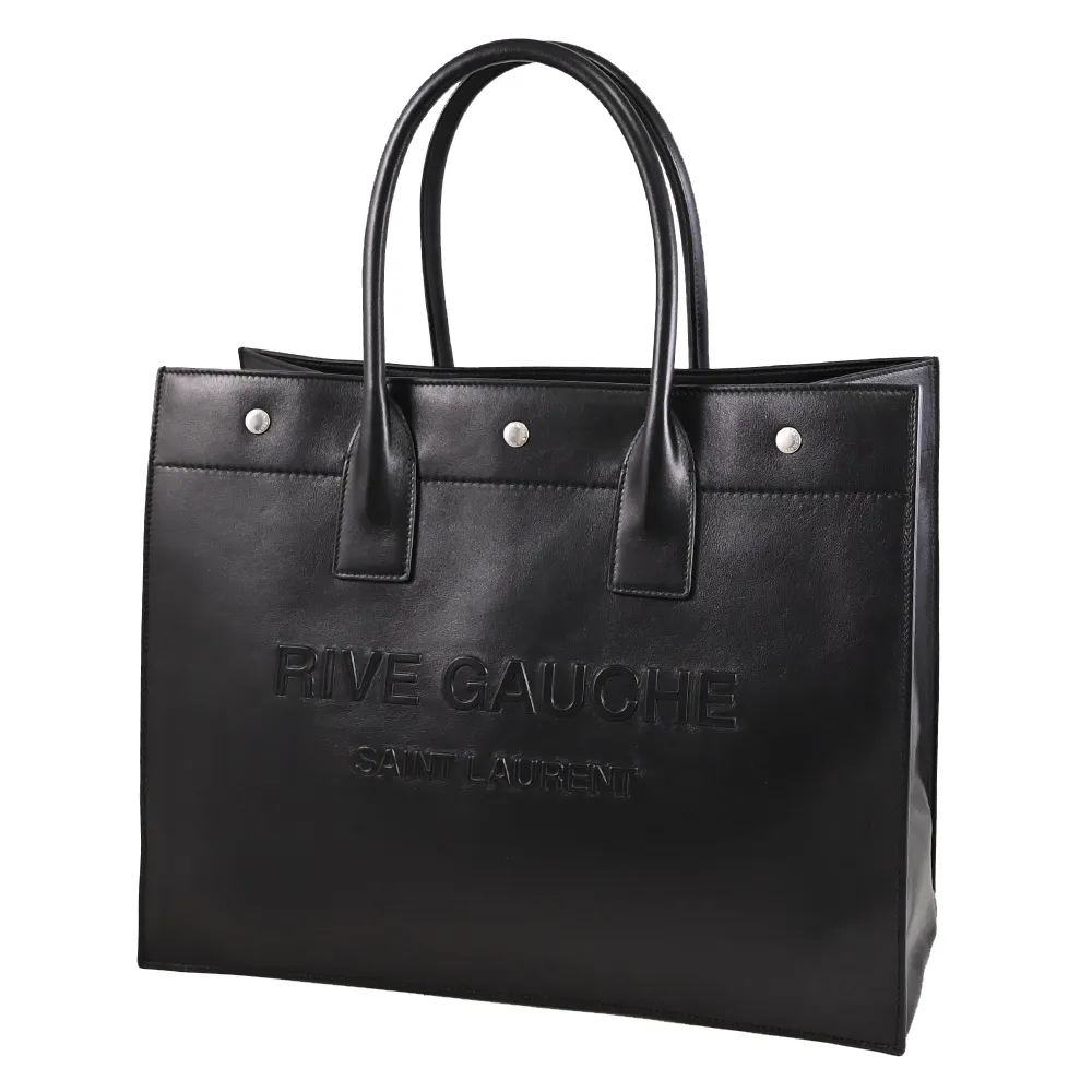 【YSL】Rive Gauche 簡約立體LOGO牛皮大容量商旅包托特包(黑)
