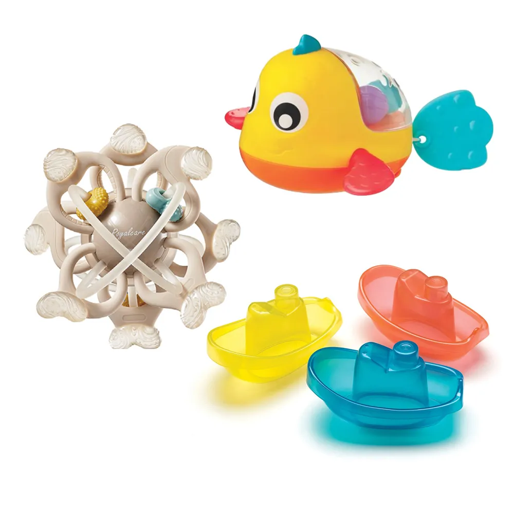 【Royalcare】曼哈頓探險球固齒器+playgro水中搖搖洗澡小魚+軟膠洗澡組三色小船(手抓球 啟蒙玩具 沐浴)