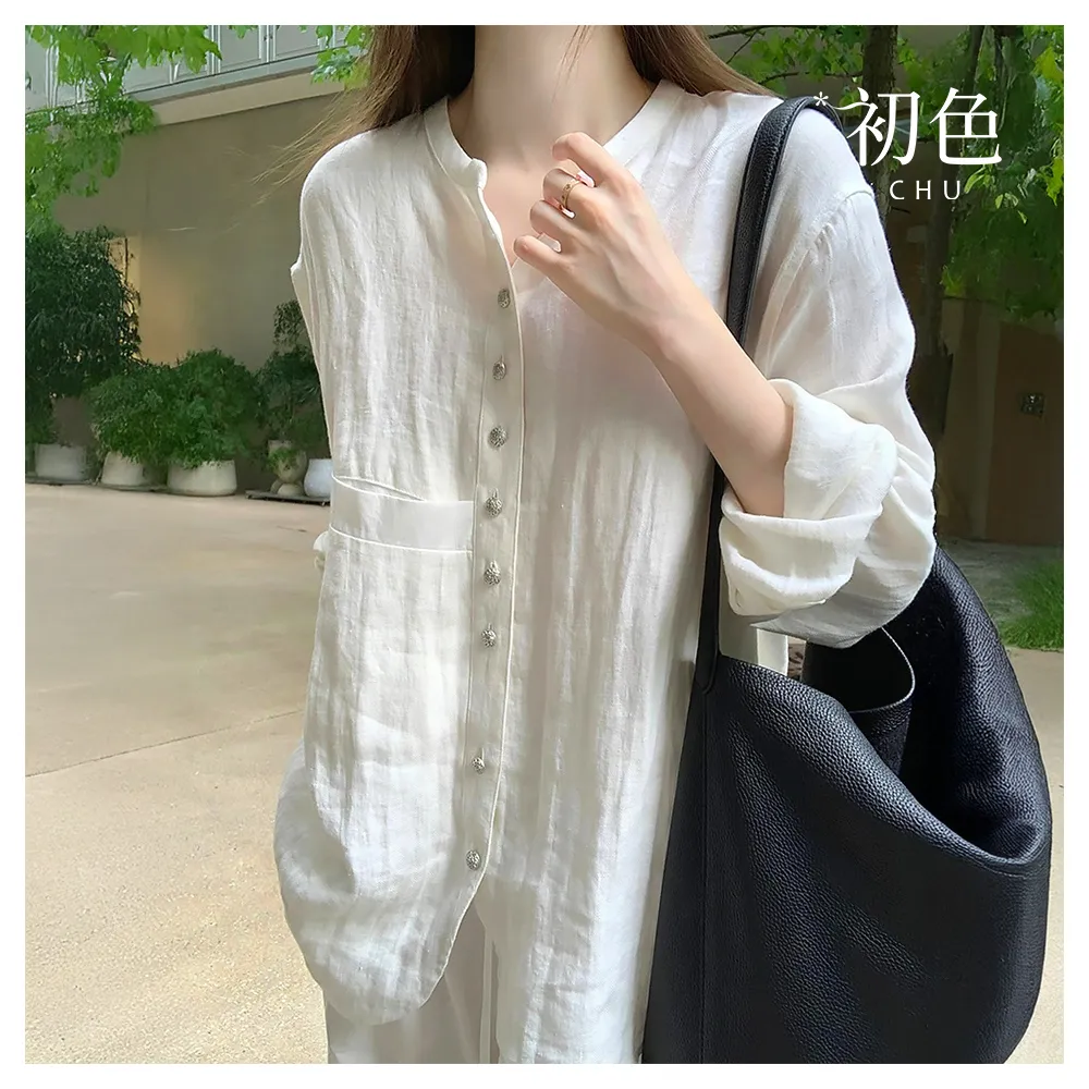 【初色】復古中式素色亞麻防曬銀色單排扣垂感襯衫上衣女上衣-白色-19001(M-2XL可選)