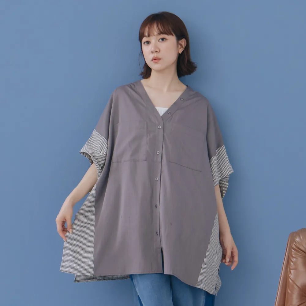 【MOSS CLUB】素面格紋拼接日系外罩襯衫 藍 灰