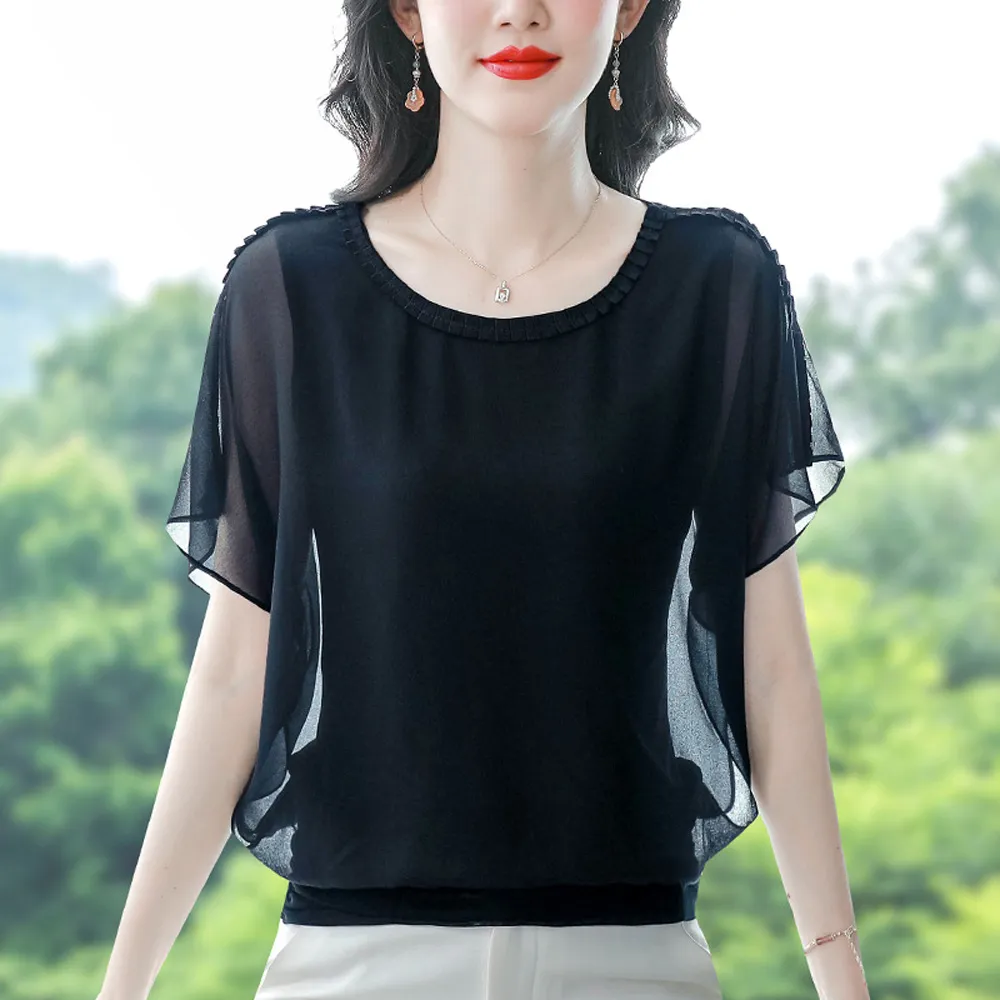 【ALLK 歐楷】新品 蝙蝠袖雪紡衫長上衣 黑色(尺寸L-XXL/中大尺碼/涼爽/透氣)
