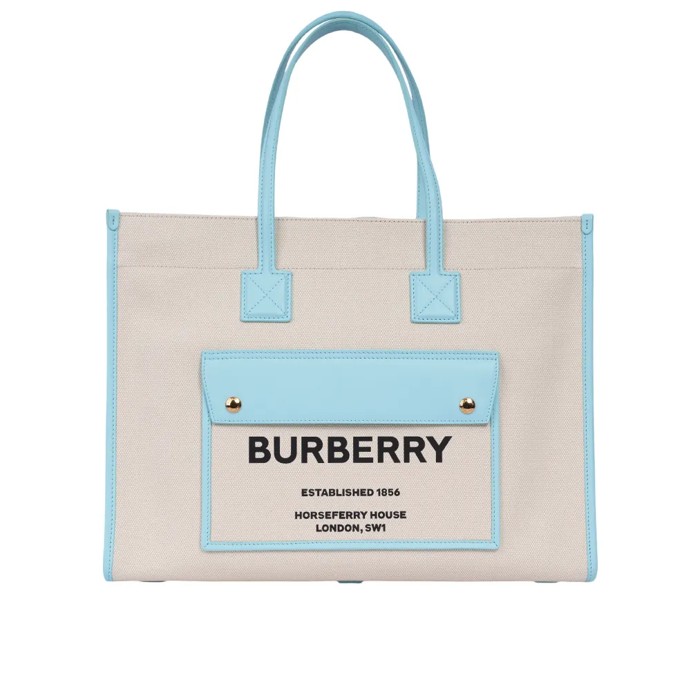 【BURBERRY 巴寶莉】Freya 棉質帆布中款托特包(自然色/天藍色)