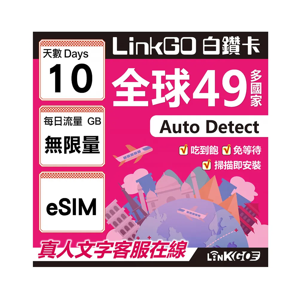 【LINKGO】白鑽卡 全球49國 eSIM卡 10天上網卡 吃到飽不降速(全球網卡 亞洲 歐洲 美洲 大洋洲 非洲)