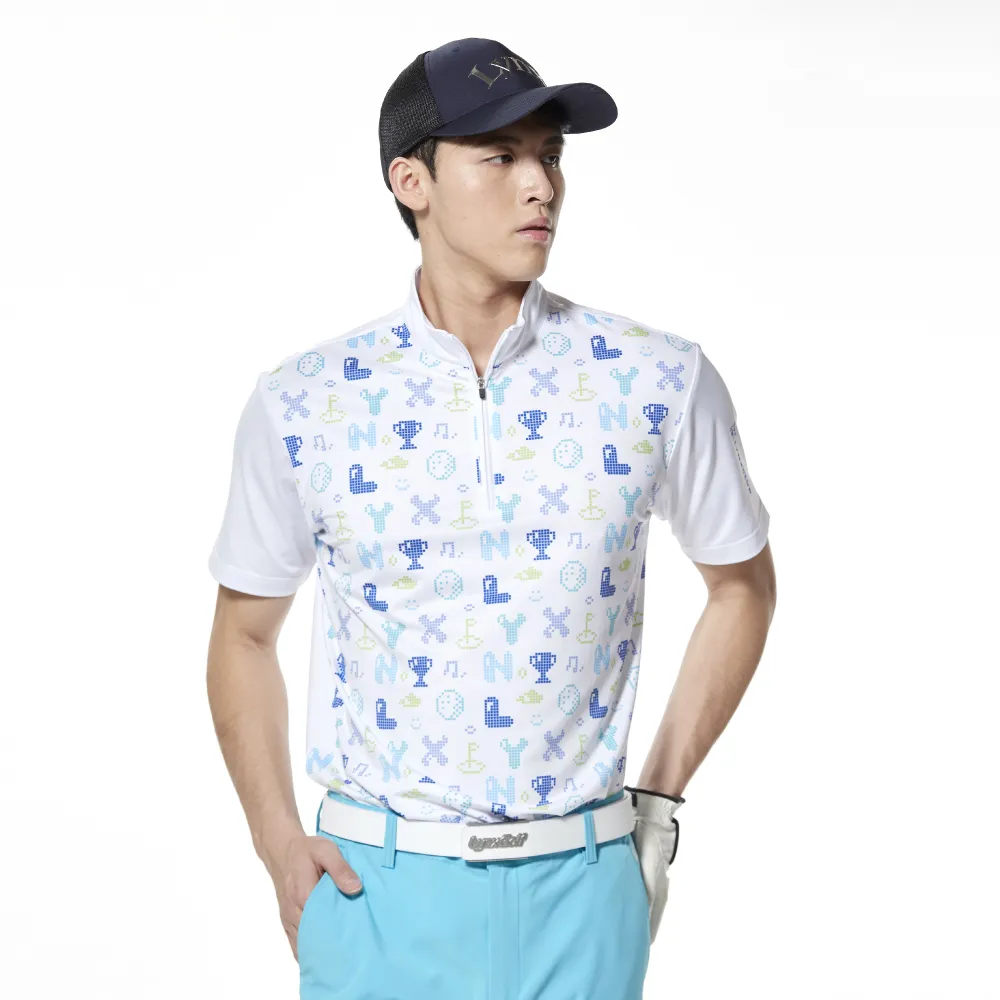 【Lynx Golf】男款吸濕排汗滿版彩色字母印花立領短袖POLO衫/高爾夫球衫(白色)