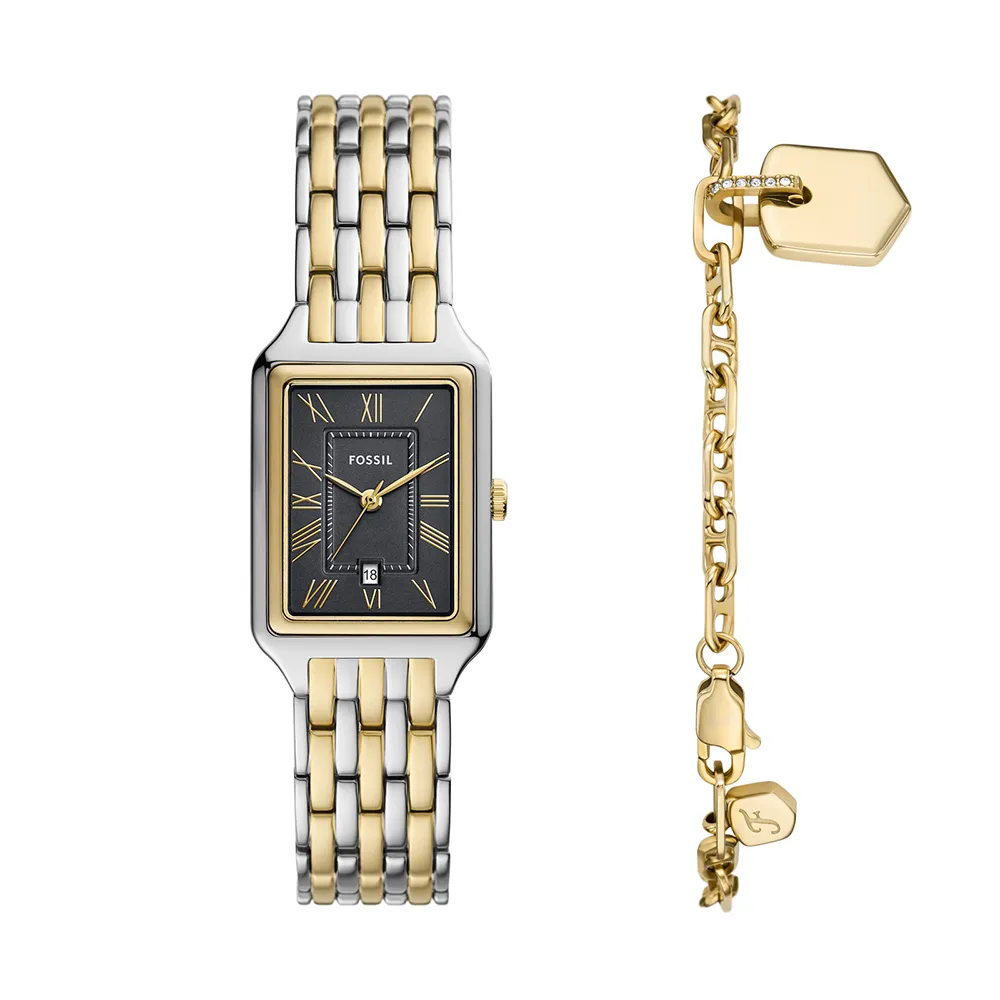 【FOSSIL】Raquel 復古女伶羅馬數字手錶手鍊套組 金色x銀色不鏽鋼鍊帶 23MM ES5376SET