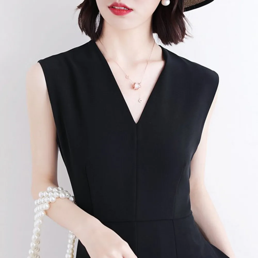 【Very Buy 非常勸敗】2022夏季新款氣質女神範中長裙優雅法式復古收腰v領無袖洋裝