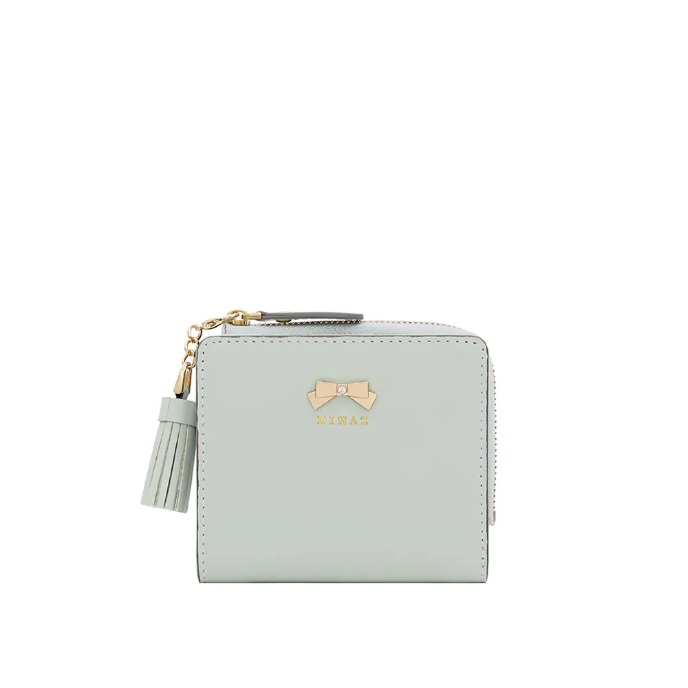 【KINAZ】牛皮防盜刷流蘇吊飾蝴蝶結獨立零錢袋短夾-薄荷奶霜-蝴蝶曲奇系列