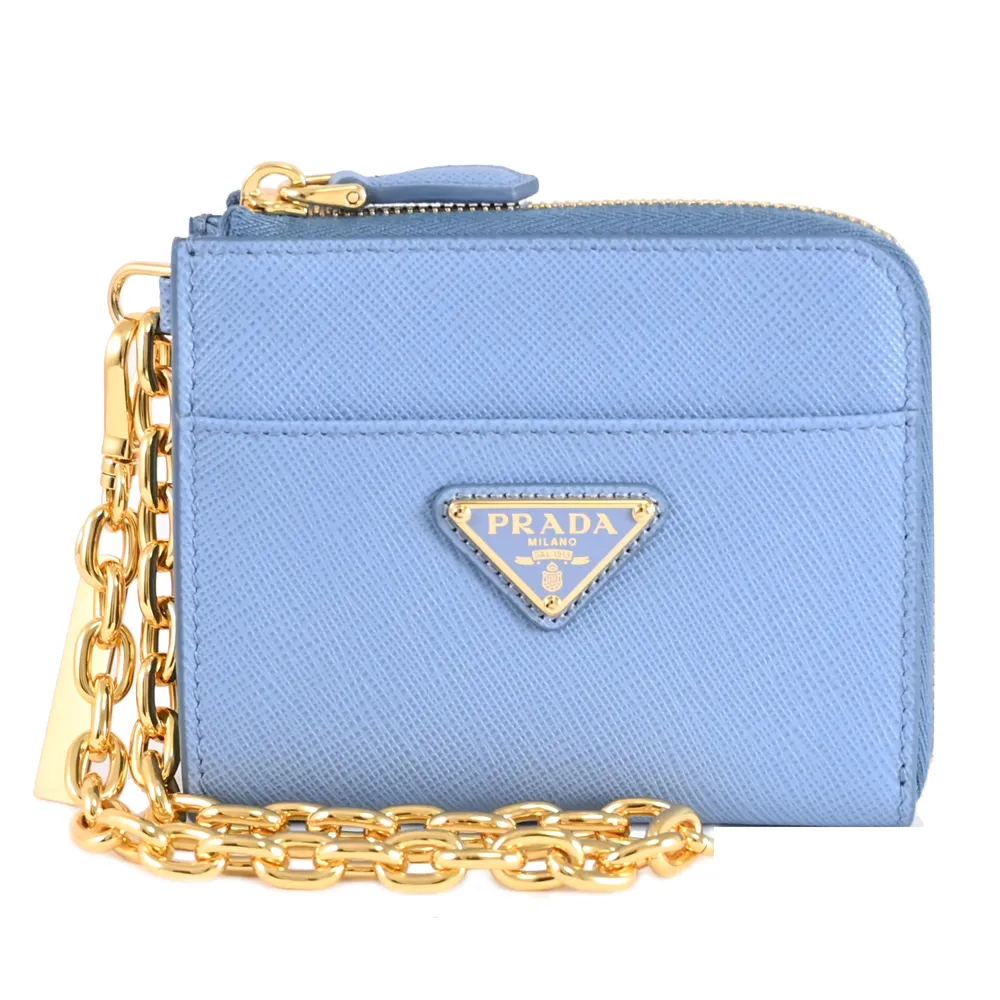 【PRADA 普拉達】簡約三角LOGO鍊條掛飾鈔票零錢包短夾(藍)