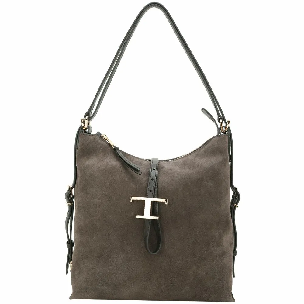 【TOD’S】TODS Timeless 小型 T字釦帶 麂皮拼牛皮兩用肩背 後背包-咖啡色(義大利手工皮革)
