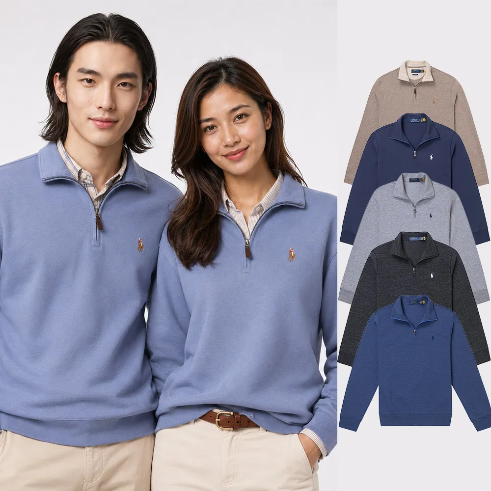 【RALPH LAUREN】RL POLO 經典刺繡小馬立領半拉鍊大學T恤-多色選(平輸品/秋冬舒適)