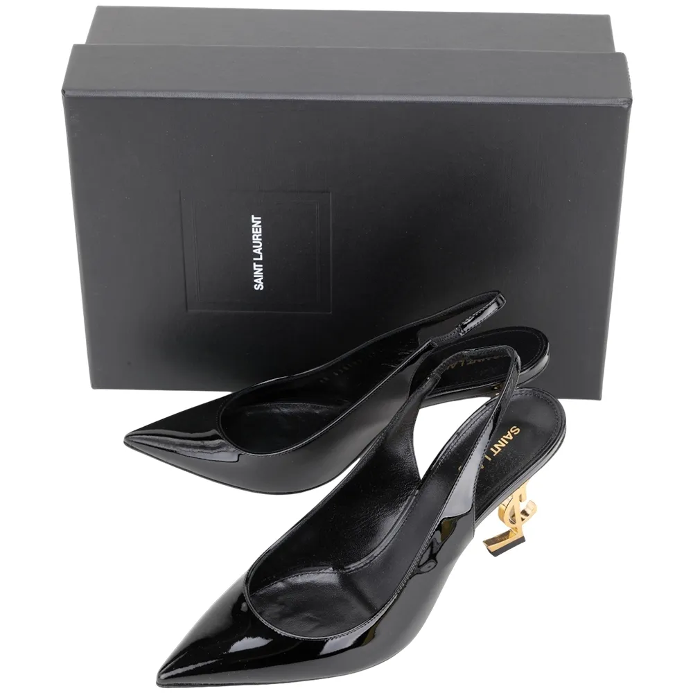 【YSL】Saint Laurent Opyum 金屬字母 牛皮露跟尖頭鞋 高跟鞋(跟8.5CM/黑色)