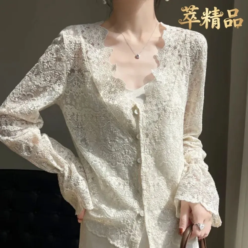 【米蘭精品】現貨+預購 針織外套防曬罩衫(高工藝鏤空蕾絲花邊女外套t1lc84)