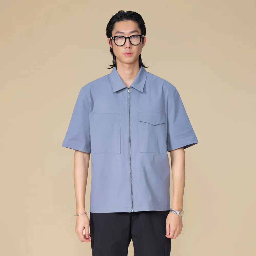 【ARVOpm】男女同款 灰色前開式拉鍊短袖襯衫00092502101(限時6折)