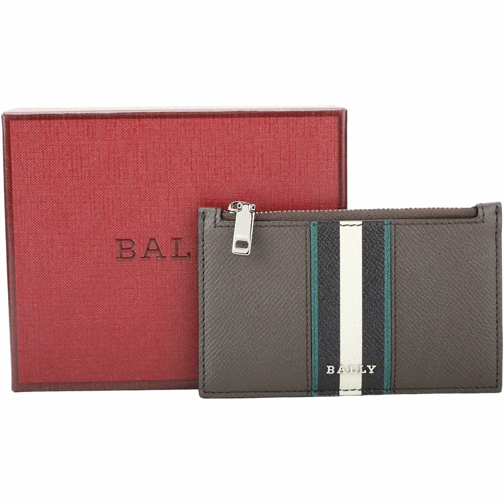 【BALLY】Babe 撞色條紋壓紋牛皮卡片夾 零錢包-墨綠x翠綠