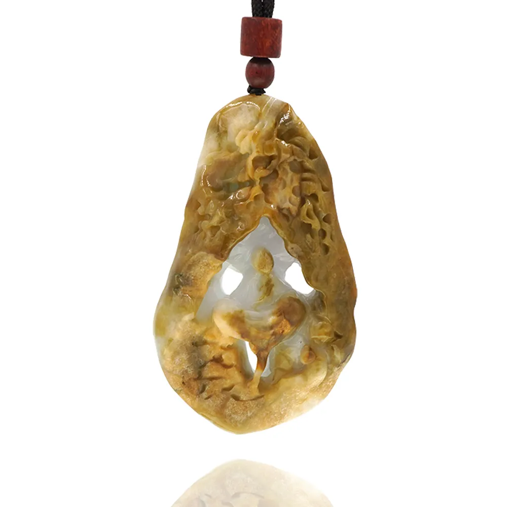 【喜緣玉品】天然翡翠A貨 福祿聖境 瑩潤黃翡 玉貴人 悟道 玉珮-僅此一品(開運風水)(直)