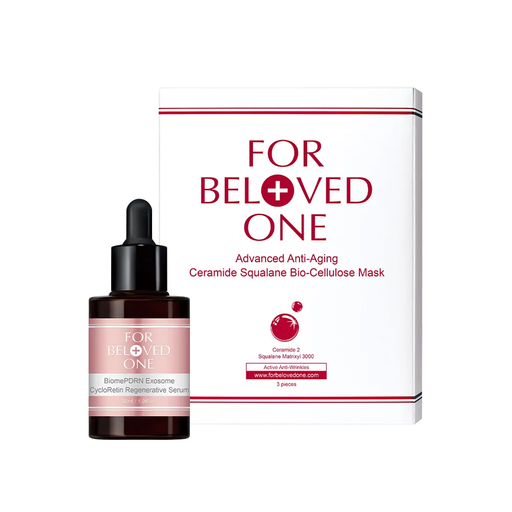【For Beloved One 寵愛之名】PDRN外泌體環月太修護精華30ml+全能抗皺神經醯胺角鯊生物纖維面膜 3片/盒