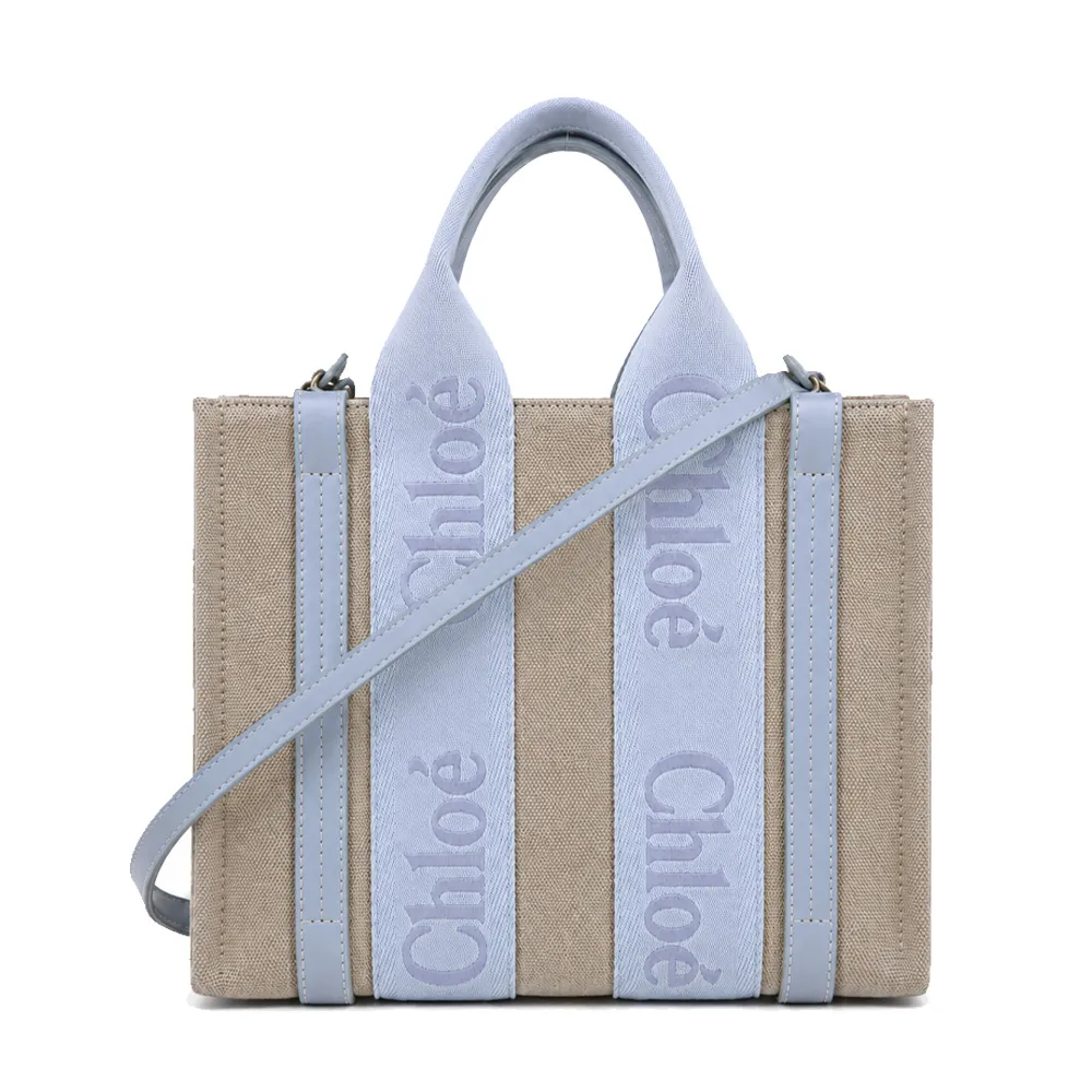 【Chloe’ 蔻依】Woody tote bag 新款帆布兩用托特包(小號/灰藍)