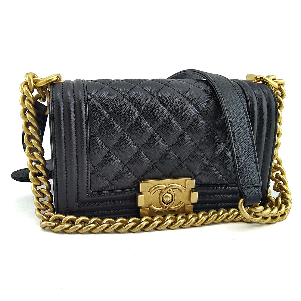 【CHANEL 香奈兒】黑色菱格紋牛皮金鍊肩背斜背20公分BOY包(展示品)