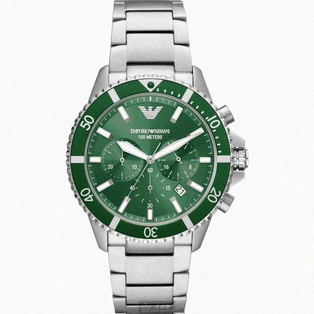 【EMPORIO ARMANI】雙11ARMANI手錶型號AR00021(墨綠色錶面銀錶殼銀色精鋼錶帶款)