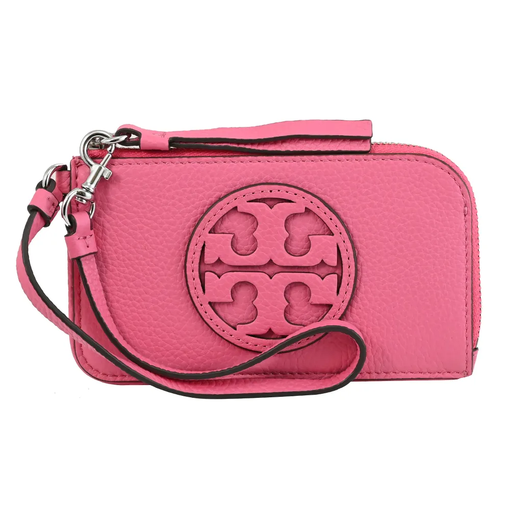 【TORY BURCH】經典雙T 荔枝皮革信用卡名片證件零錢包(桃粉)