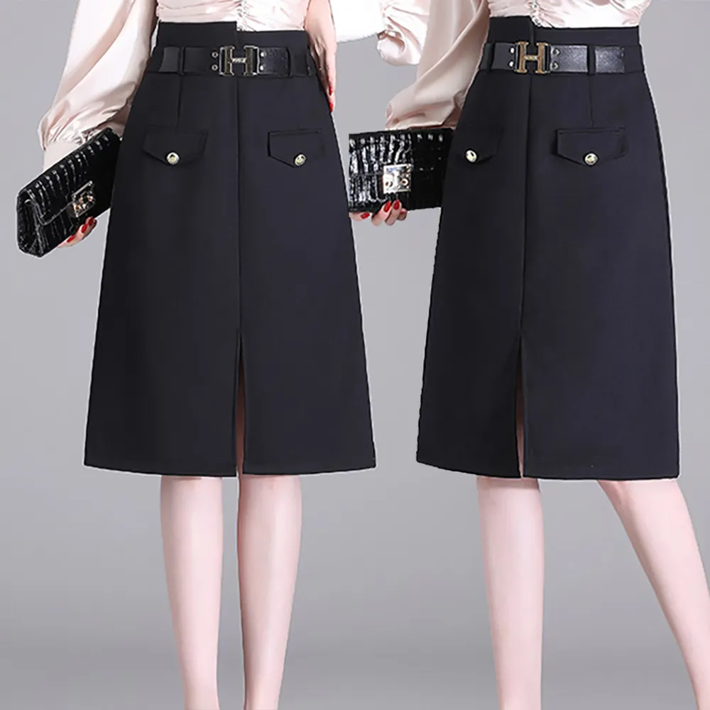 【麗質達人】2169黑色開叉半身裙-AA(M-5XL)