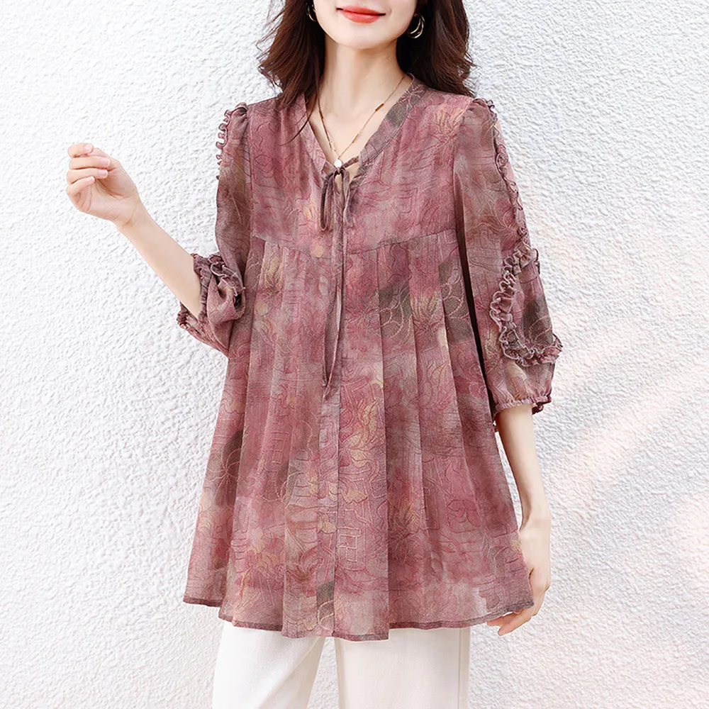 【ALLK 歐楷】新品 綁帶印花上衣 圖片色(尺寸L-XXL/中大尺碼/涼爽/透氣)