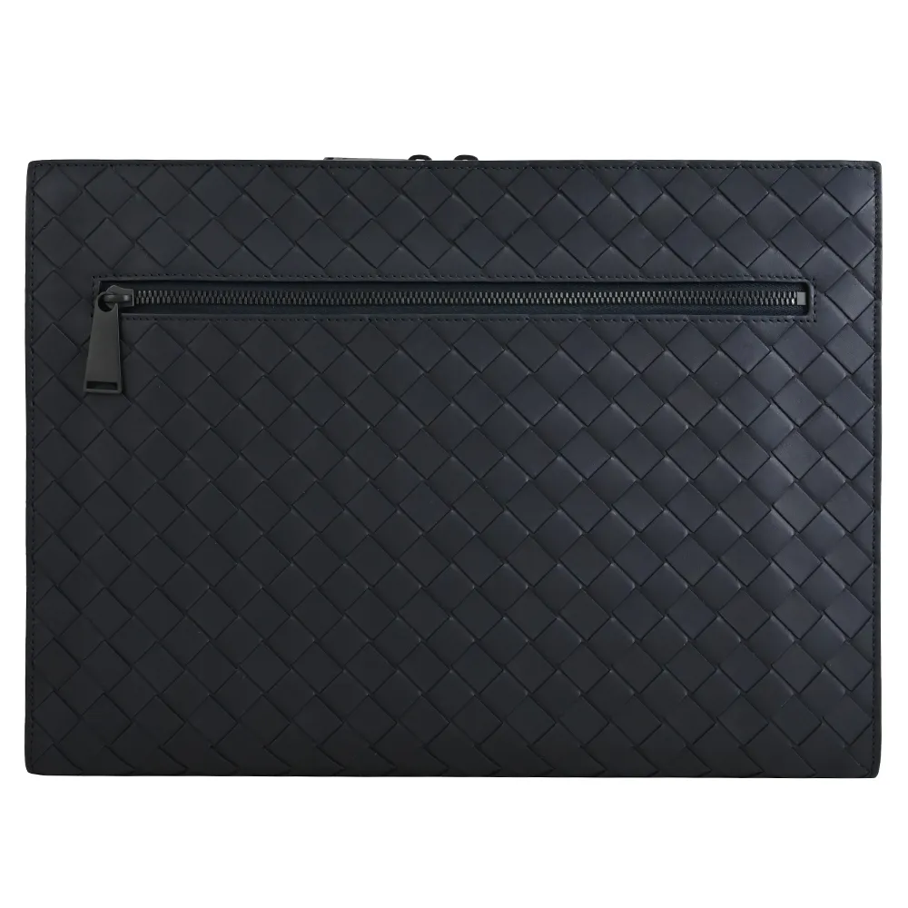 【BOTTEGA VENETA 寶緹嘉】簡約經典手工編織小牛皮大款手拿包商商務包萬用包(藍黑)