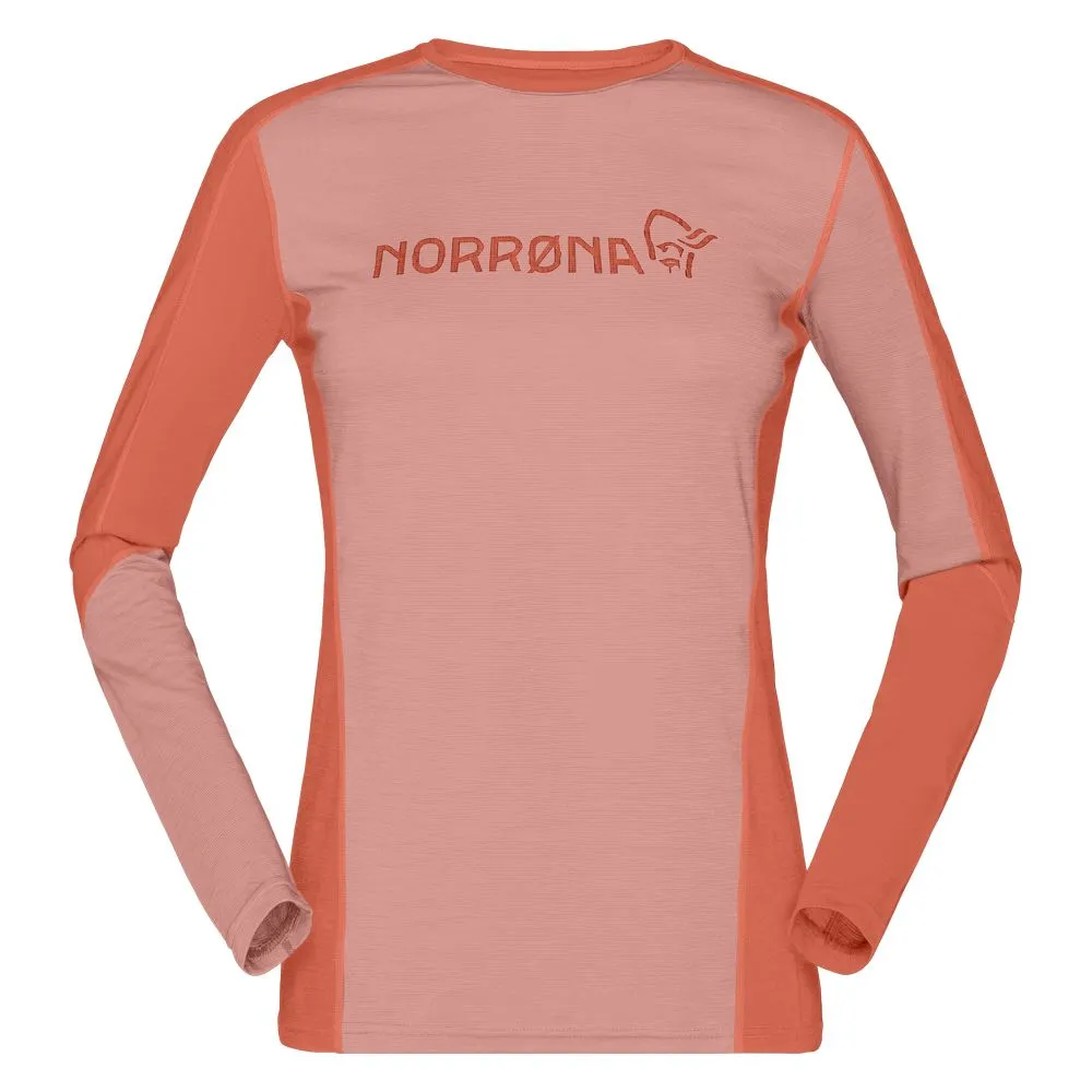 【NORRONA】falketind equaliser merino 羊毛長袖圓領上衣 女款 蜜桃粉/警戒橘