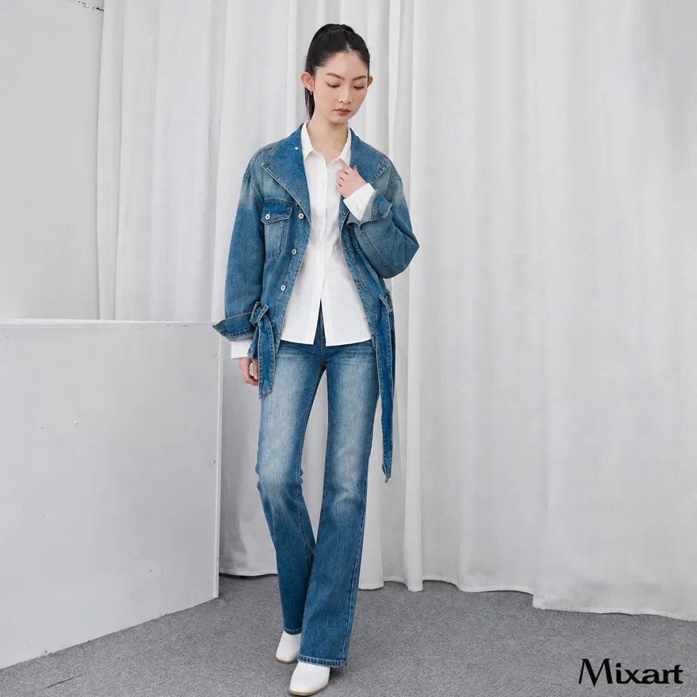 【Mixart】牛仔 長褲 顯瘦 復古漸層水洗修身直筒牛仔長褲
