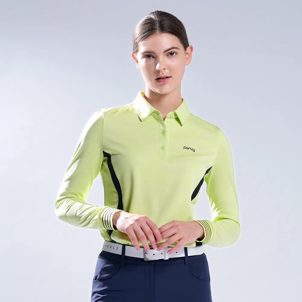 【PING】女款立體織紋剪接薄長袖POLO衫-淺綠(吸濕排汗/GOLF/高爾夫球衫/RA22205-43)