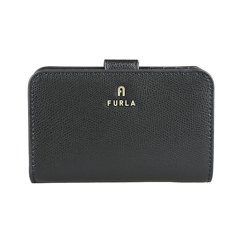 【FURLA 芙拉】FURLA Camelia 立體金字LOGO牛皮10卡壓釦拉鍊袋中夾(黑)