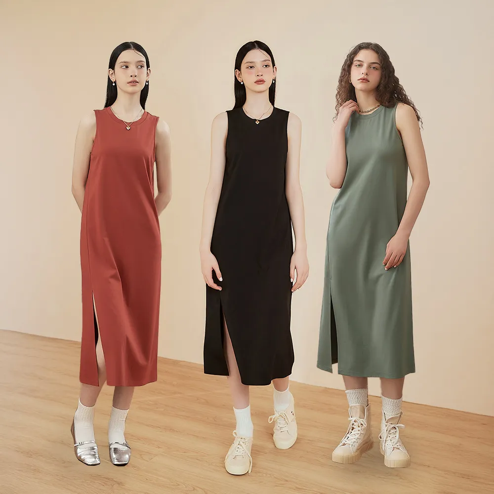 【OUWEY 歐薇】無袖開衩涼感連身洋裝(三色；S-L；3242327508)