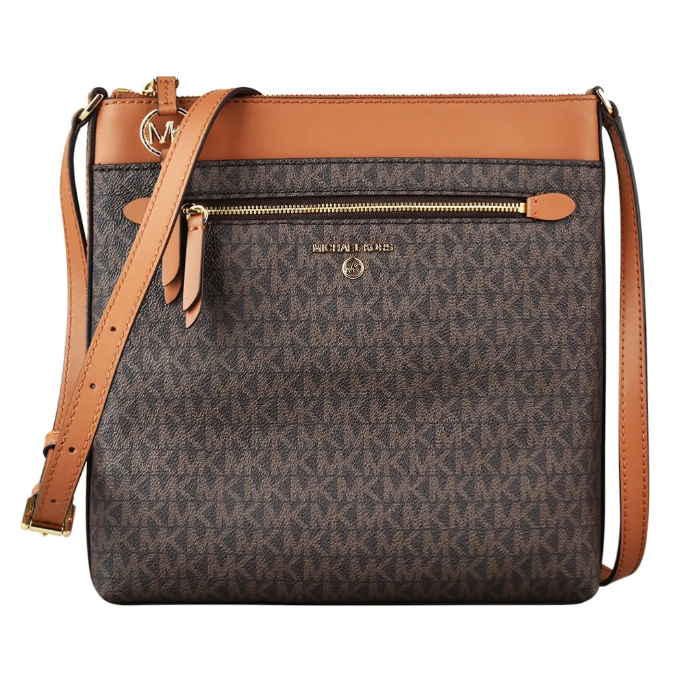 【Michael Kors】MK MICHAEL KORS JET SET經典字母LOGO滿版PVC牛皮飾邊拉鍊斜背包(深棕x橡子棕)