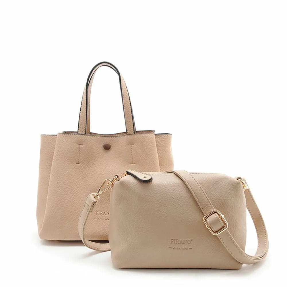 【FIRANO】雙11 BEIGE 軟皮革附斜背包磁扣三層小手提包(卡其米)