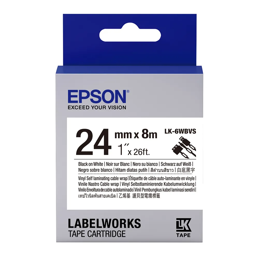 【EPSON】官方直營 標籤帶 線材系列白底黑字/24mm(LK-6WBVS)