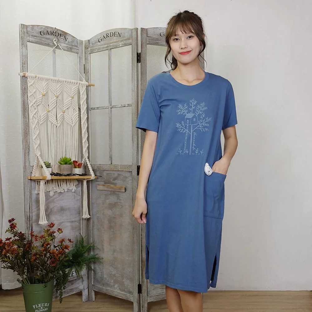 【Hana Mokuba】花木馬日系女裝圓領休閒長版T恤式線條印花洋裝(洋裝)