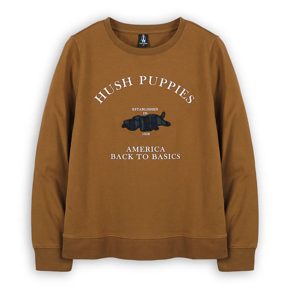 【Hush Puppies】女裝 T恤 素色簡約格紋趴趴狗長袖T恤(咖啡 / 54211902)