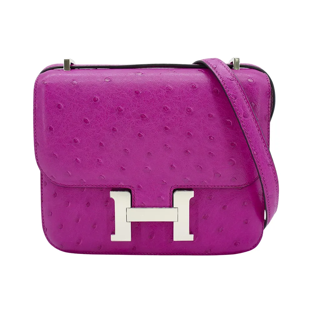 【Hermes 愛馬仕】Constance Mini 鴕鳥皮銀釦斜背包-18cm(L3玫瑰紫)