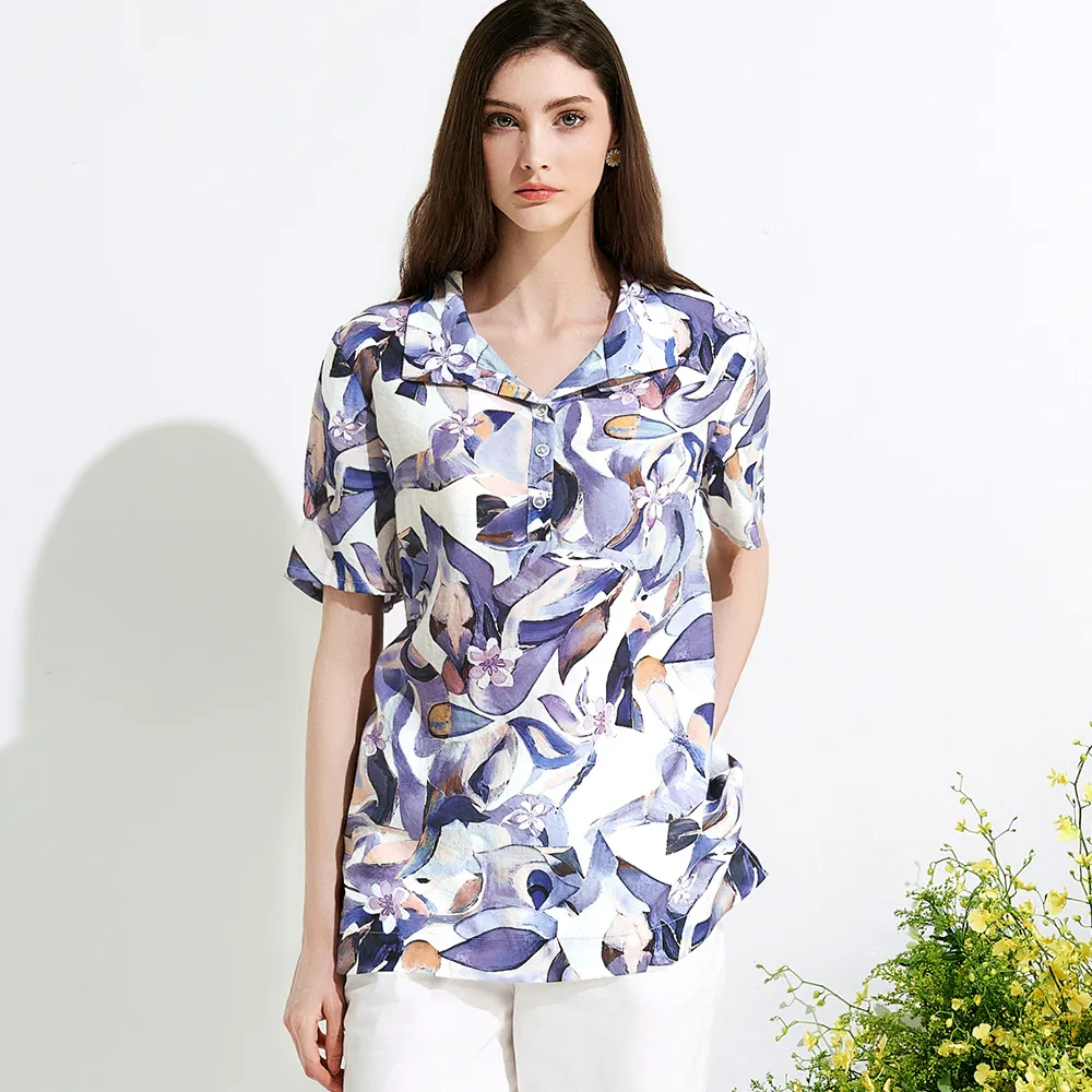 【TOWN’WEAR 棠葳】個性幾何開襟天絲棉上衣(中大尺碼/女上衣/女上著/短袖/長版/透膚)