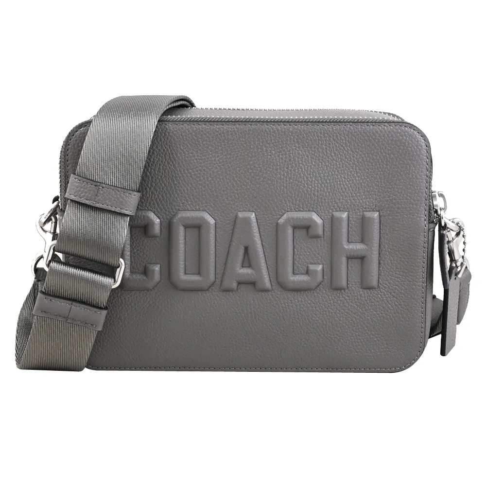 【COACH】CHARTER 24 立體LOGO雙層寬背帶雙拉鍊斜背包(灰)