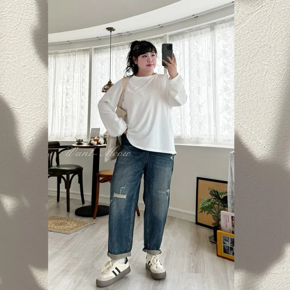 【Want-Meow】95公斤可穿/激推舒適彈力質感重工高腰鬆緊腰男友直筒褲牛仔褲長褲(大尺碼/大碼/下著)