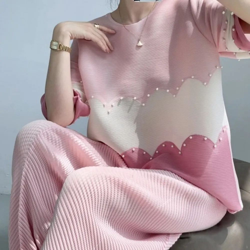 【巴黎精品】三宅風皺褶衣服褶皺上衣高級摺衣彈力女裝顯瘦折衣大碼(五分袖釘珠寬鬆T恤k1ab2)