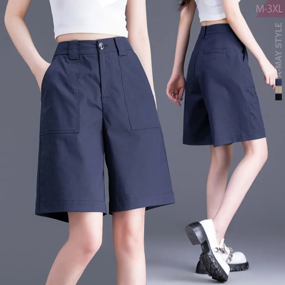 【Amay Style 艾美時尚】休閒褲 中大尺碼女裝 下著 輕薄素雅中高腰A字寬筒顯瘦短褲。M-3XL(3色.預購)
