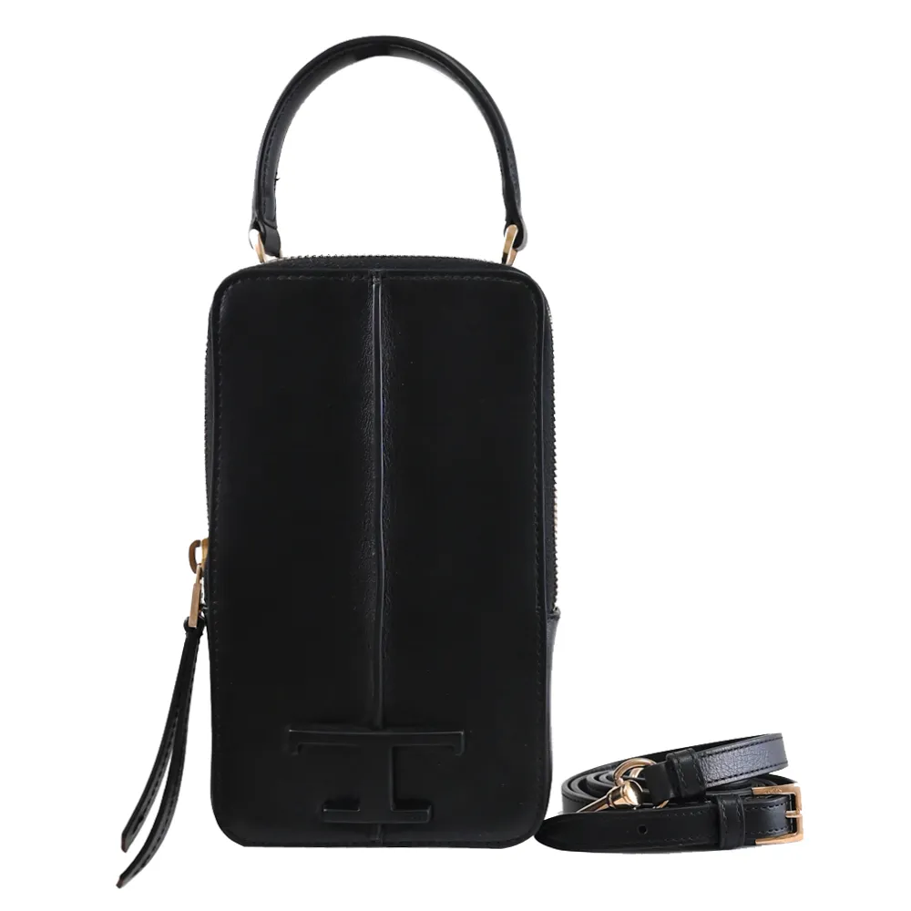 【TOD’S】TODS T Timeless 簡約T字LOGO小牛皮手機包兩用包(黑)