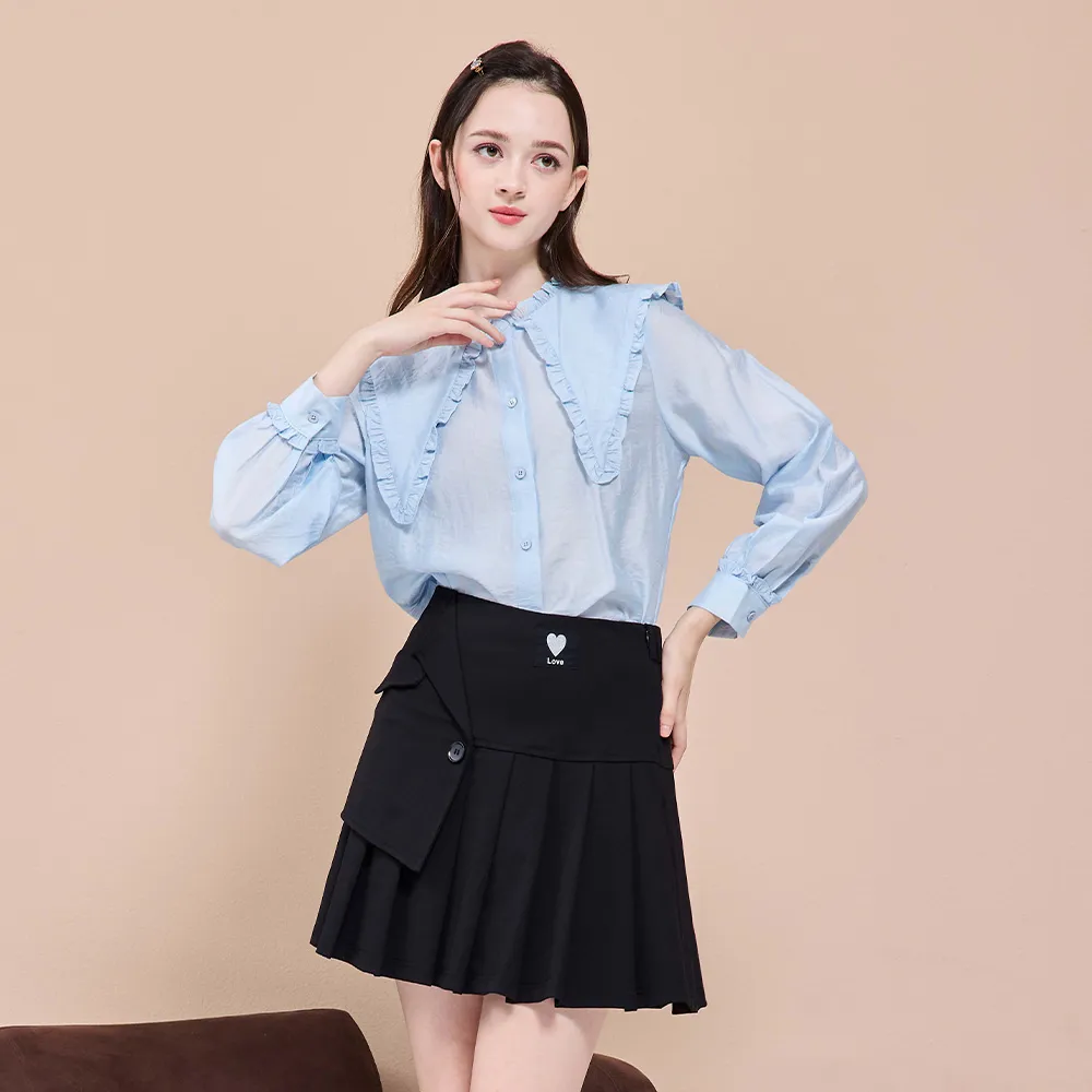 【HONOR 山形屋】出清品 抓皺大領翻排釦襯衫-藍(限定出清)