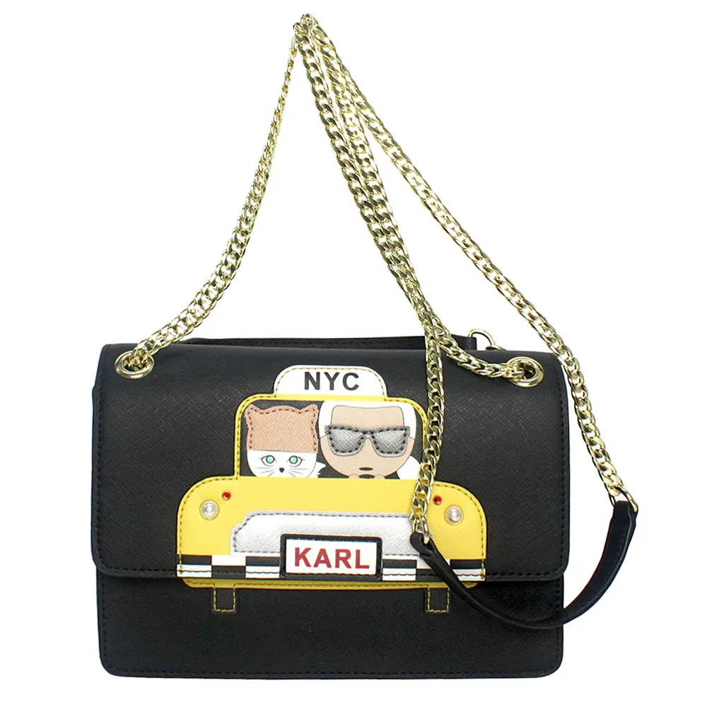 【KARL LAGERFELD 卡爾】老佛爺貓咪防刮皮革鍊帶肩斜背兩用包(黑)