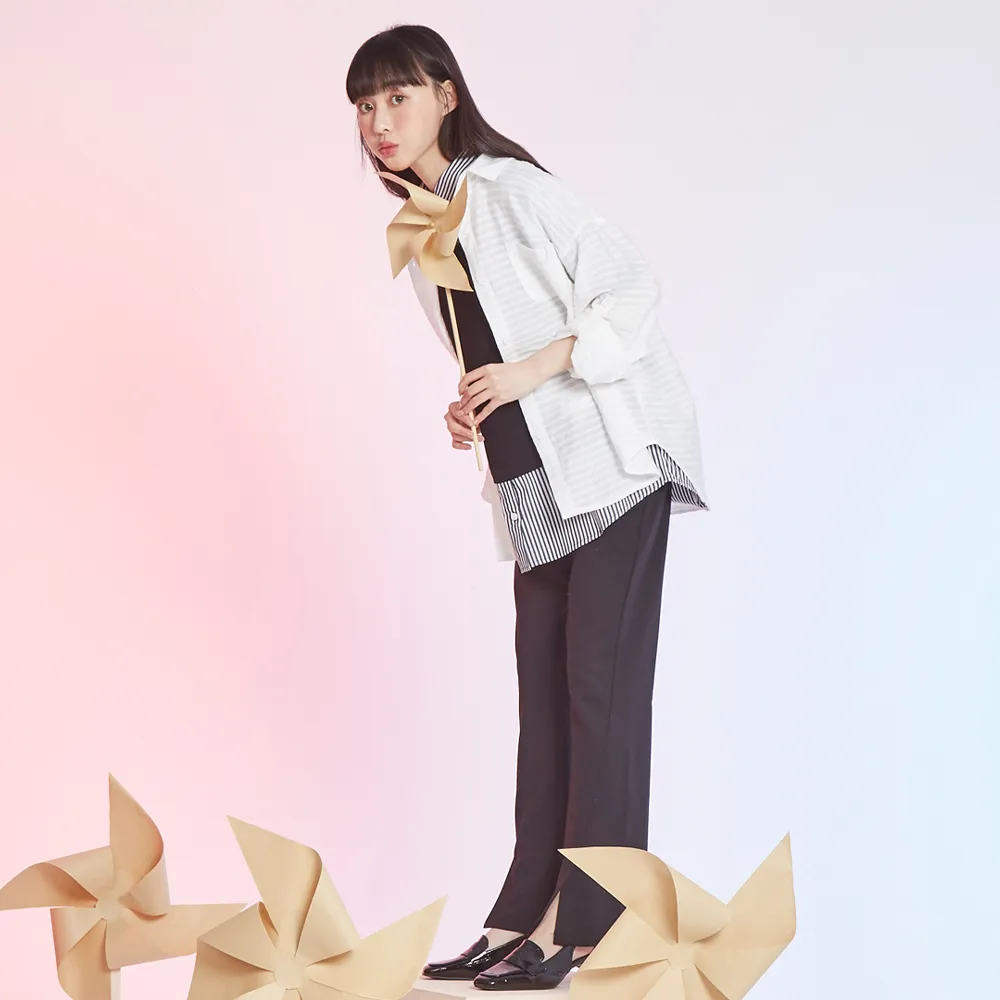 【betty’s 貝蒂思】出清品  長腿剪裁褲管開衩直筒西裝褲(黑色)