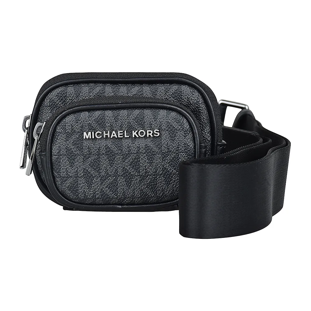 【Michael Kors】MK MICHAEL KORS LOGO拉鍊PVC滿版印花斜背相機包(迷你/黑)